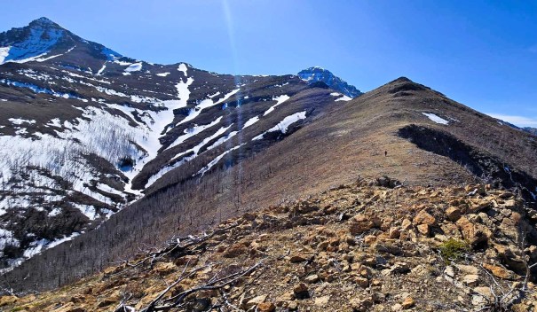 A panoramic view of a rocky ridge leading towards distant snowy mountains under a clear blue sky.
