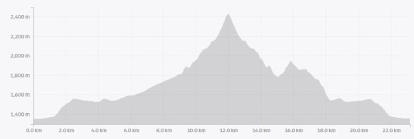 Elevation profile chart showing a steep climb to a peak and gradual descent, with distances labeled along the x-axis and elevation in meters on the y-axis.