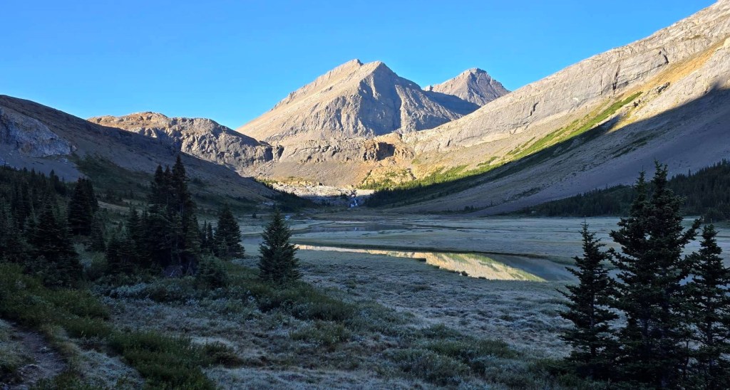 A scenic view of mountain peaks and a lush valley with a reflective body of water, surrounded by coniferous trees and a clear blue sky.