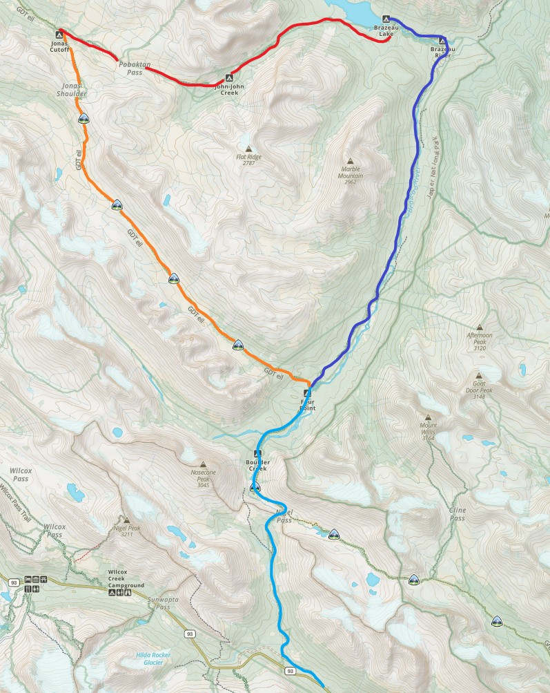 Topographical map showing Brazeau Loop hiking route with marked points of interest and elevation changes.