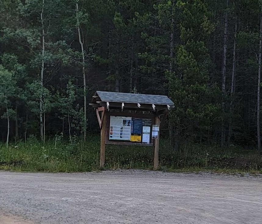 A wooden information sign with various posters and notices, set against a backdrop of trees and a gravel pathway.