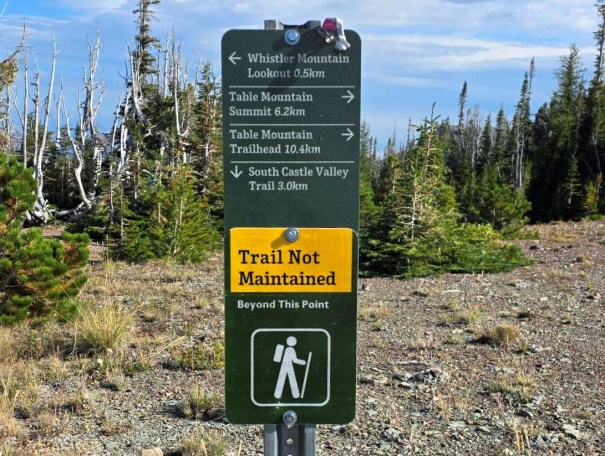 Trail sign indicating distances to various locations: Whistler Mountain Lookout 0.5 km, Table Mountain Summit 6.2 km, Table Mountain Trailhead 10.4 km, and South Castle Valley Trail 3.0 km, with a warning that the trail is not maintained beyond this point.