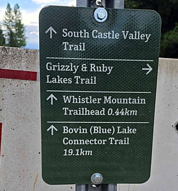 A trail sign displaying directions for South Castle Valley Trail, Grizzly & Ruby Lakes Trail, Whistler Mountain Trailhead at 0.44 km, and Bovin (Blue) Lake Connector Trail at 19.1 km.