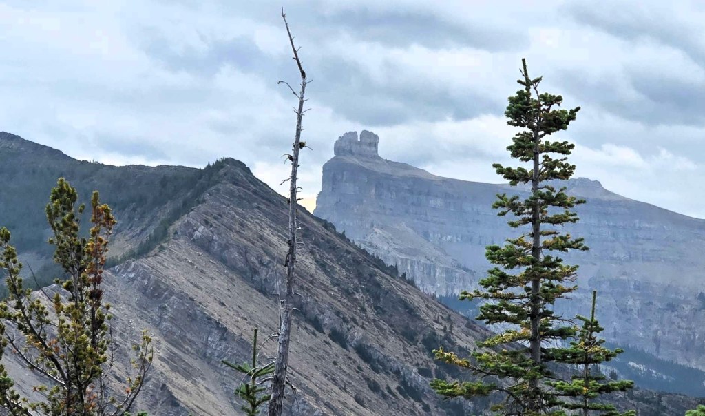 A scenic view of mountains with a prominent rock formation in the background, featuring trees in the foreground and an overcast sky.