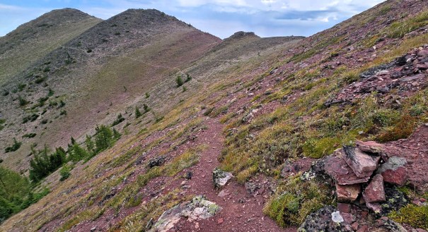 A hiking trail winding through rocky terrain on a mountainous landscape, with gentle slopes and patches of grass and shrubs.