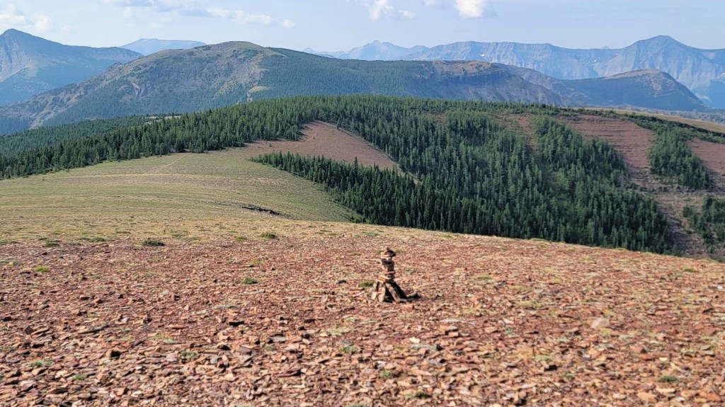 A panoramic view of a mountainous landscape with rolling hills, a dense forest, and rocky ground, featuring a small stone cairn in the foreground.